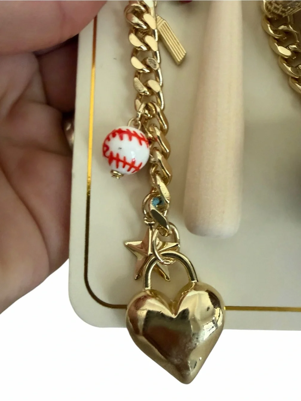 NEW - EYE CANDY Baseball Themed Bag Charm & Keychain w/leather, beads, gold-tone